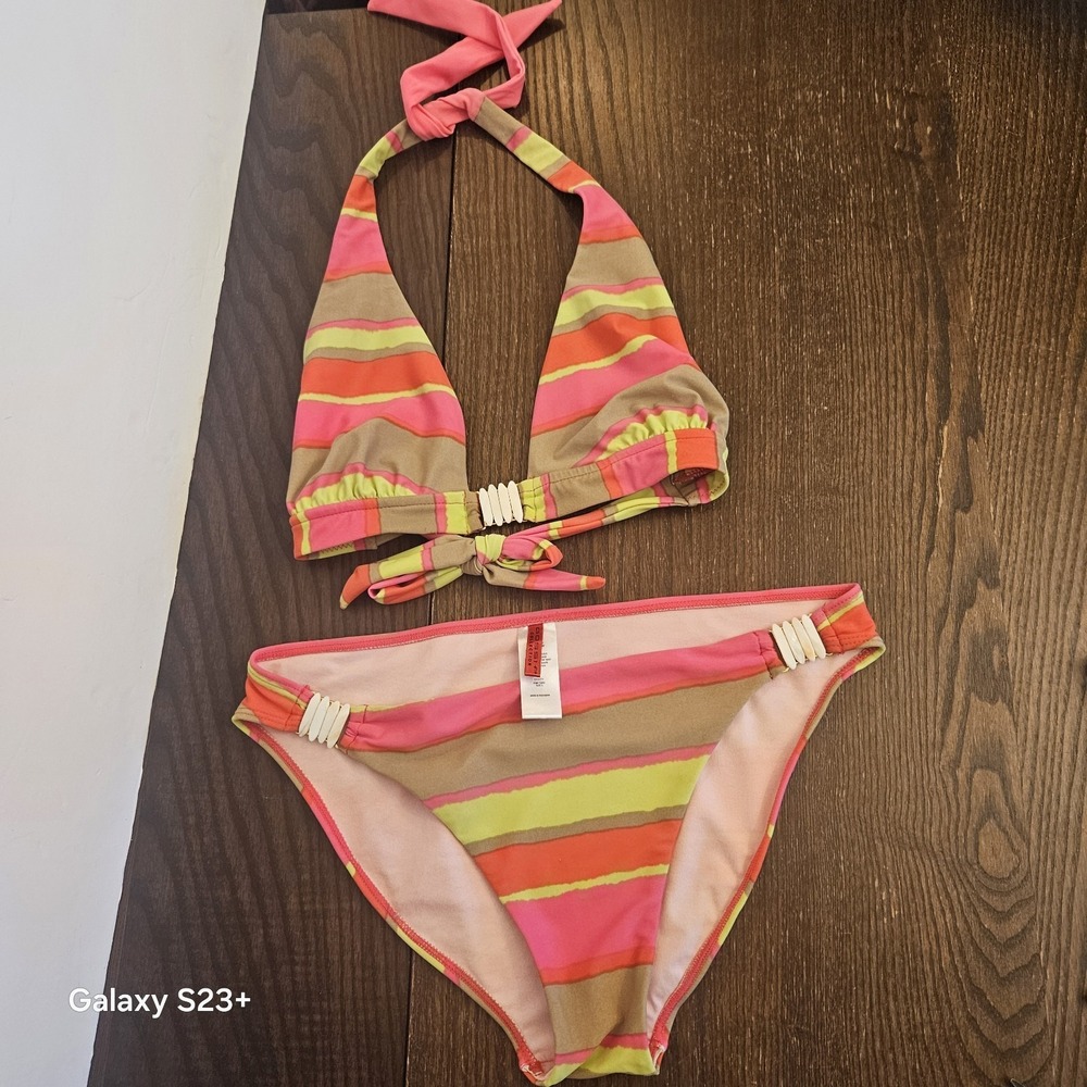 Gossip Collection 2010 Bikini Womens Sz L Neon Stripe Shell Hardware Resort Swim - Picture 8 of 16